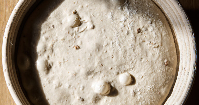 Sourdough bread proofing in a basket with visible gas bubbles. Homemade baking.