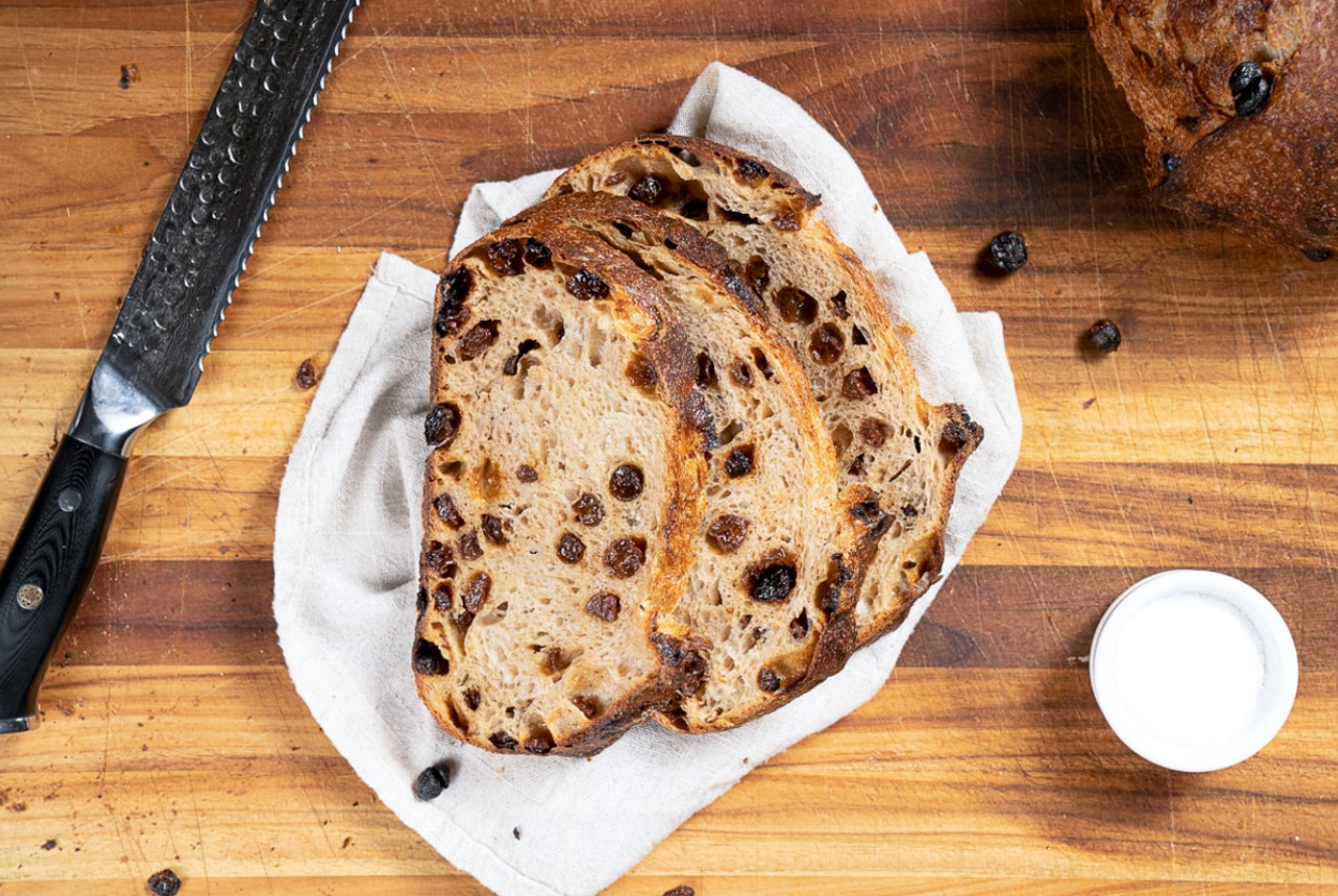 A Sourdough Loaf with raisins - sliced