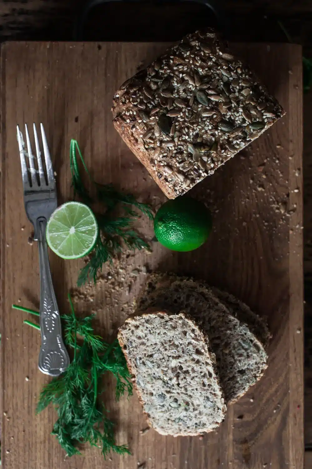 Seeded sourdough loaf, sliced, aerial shot