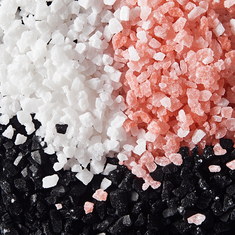 Coarse mix of pink, black and white unrefined salts.